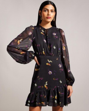 Sukienka Damskie Ted Baker Scattered Floral Ruffled Mini Czarne Polska | PL-QVYPD2015