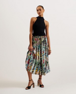 Sukienka Damskie Ted Baker Sleeveless Midi With Floral Pleated Czarne Polska | PL-YSHDI0954
