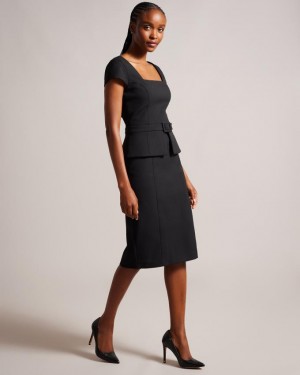 Sukienka Damskie Ted Baker Square Neck Midi Peplum Czarne Polska | PL-ZRLEW6578