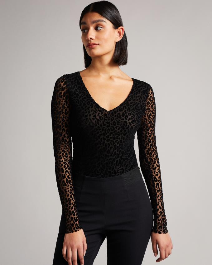 Body Damskie Ted Baker Mesh Leopard Print Czarne Polska | PL-LXBPQ8159