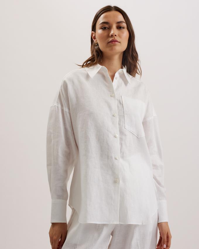 Koszule Damskie Ted Baker Oversized Longline Linen Białe Polska | PL-MPOZH1806
