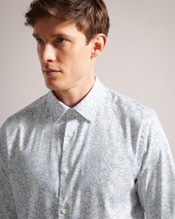 Koszule Męskie Ted Baker Long Sleeve Floral Outline Print Białe Polska | PL-HKQGV3641