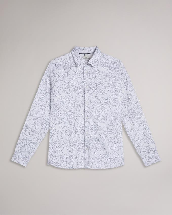 Koszule Męskie Ted Baker Long Sleeve Floral Outline Print Białe Polska | PL-HKQGV3641