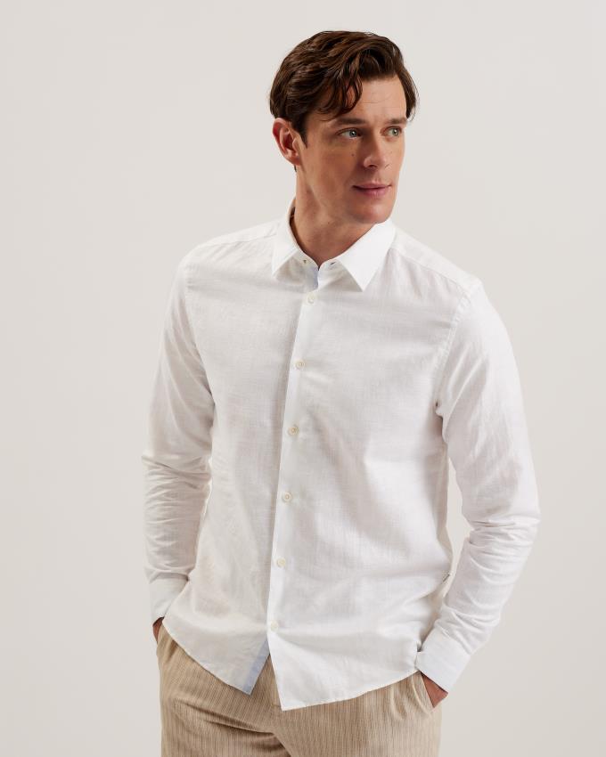 Koszule Męskie Ted Baker Long Sleeve Linen Cotton Białe Polska | PL-TARMP4593