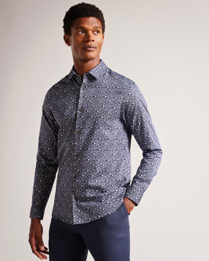 Koszule Męskie Ted Baker Long Sleeve Spot Print Granatowe Polska | PL-YXUCB3980