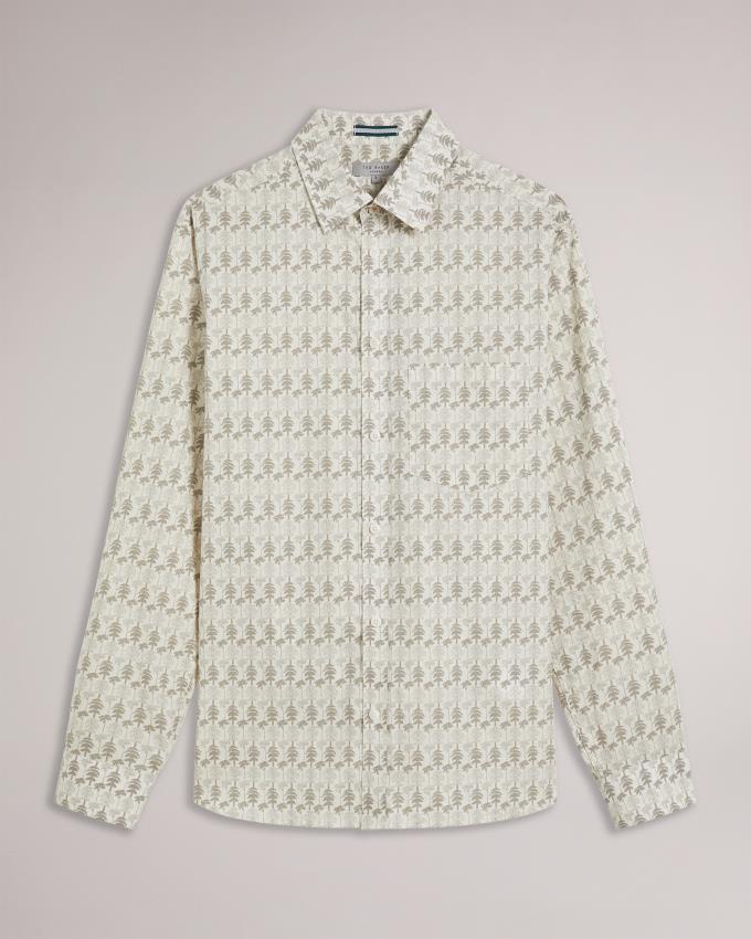 Koszule Męskie Ted Baker Long Sleeve Tree Print Beżowe Polska | PL-DSJNO6853