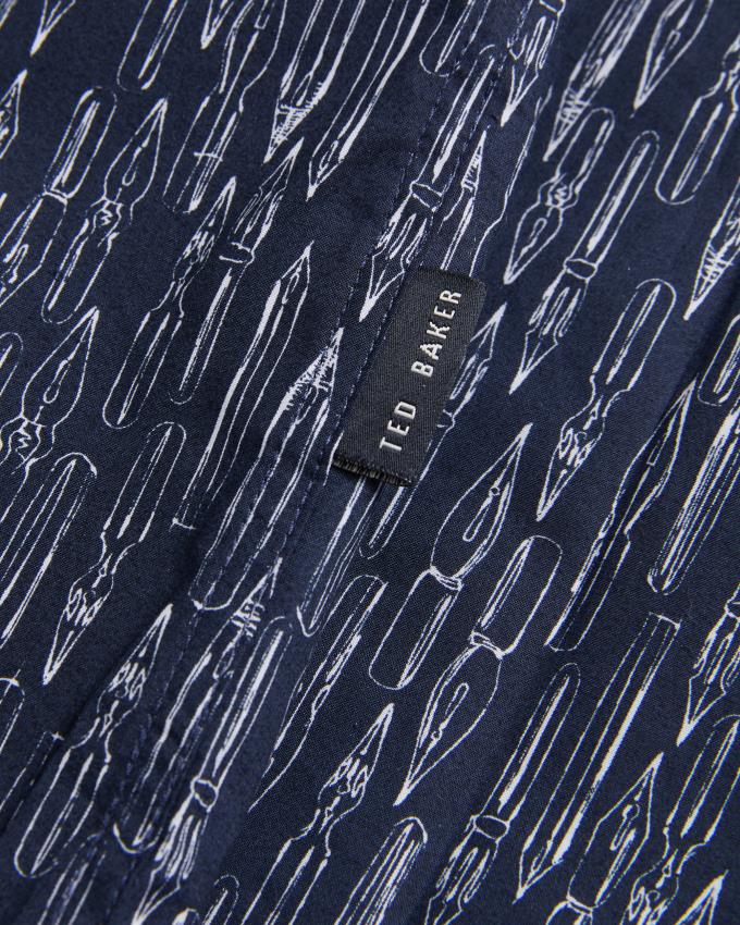 Koszule Męskie Ted Baker Short Sleeve Fountain Pen Print Granatowe Polska | PL-PKOHM1632