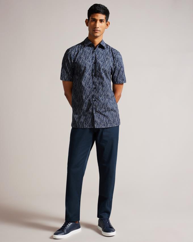 Koszule Męskie Ted Baker Short Sleeve Fountain Pen Print Granatowe Polska | PL-PKOHM1632