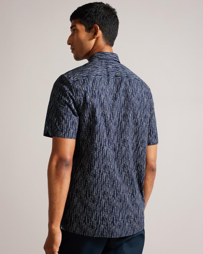 Koszule Męskie Ted Baker Short Sleeve Fountain Pen Print Granatowe Polska | PL-PKOHM1632