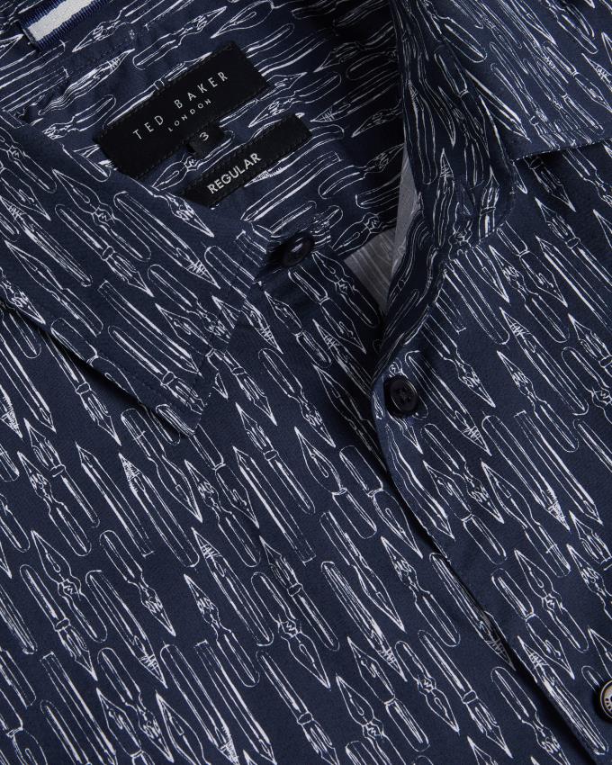 Koszule Męskie Ted Baker Short Sleeve Fountain Pen Print Granatowe Polska | PL-PKOHM1632