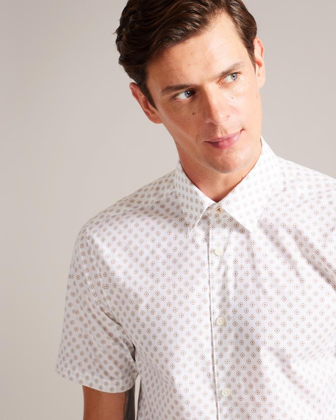 Koszule Męskie Ted Baker Short Sleeve Geometric Print Białe Polska | PL-MCIVF8174