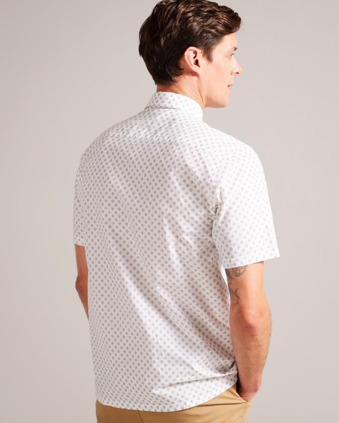 Koszule Męskie Ted Baker Short Sleeve Geometric Print Białe Polska | PL-MCIVF8174