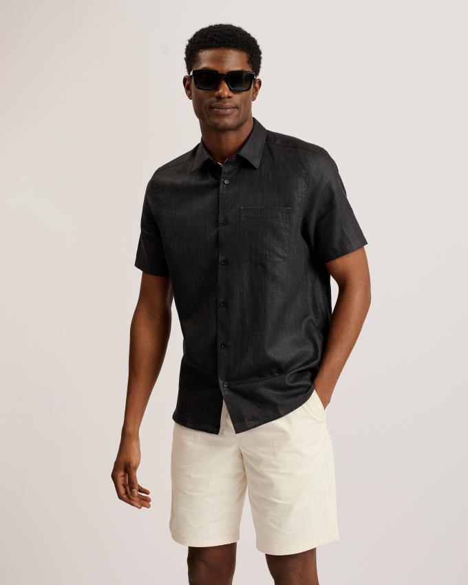 Koszule Męskie Ted Baker Short Sleeve Linen Cotton Czarne Polska | PL-JEDUB5438