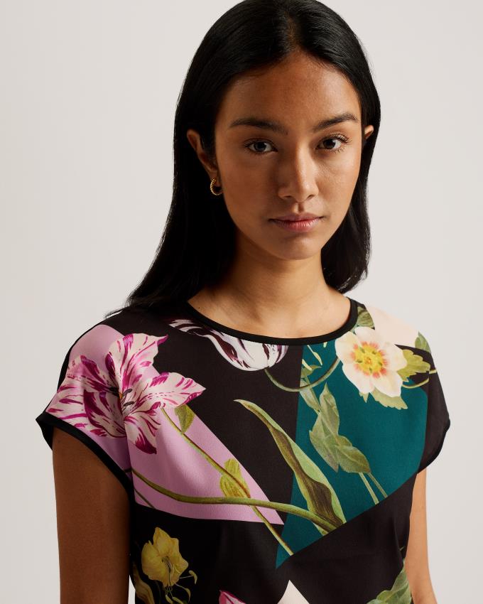 Koszulka Damskie Ted Baker Woven Front Floral Print Czarne Polska | PL-AVBJF4810