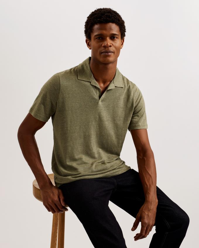 Koszulka Polo Męskie Ted Baker Linen Revere Collar Oliwkowe Polska | PL-NGHDV0213