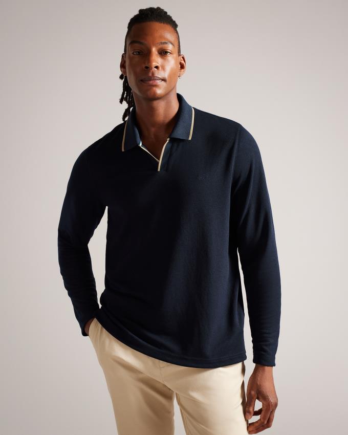 Koszulka Polo Męskie Ted Baker Long Sleeve Open Collar Granatowe Polska | PL-FVMCK3025