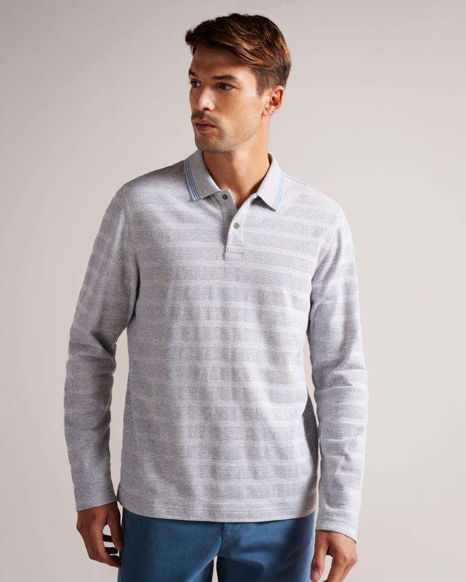 Koszulka Polo Męskie Ted Baker Long Sleeve Textured Stripe Szare Polska | PL-XVHJA9041