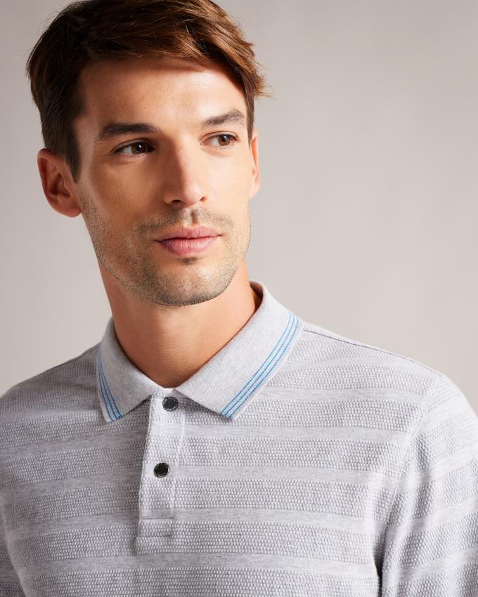 Koszulka Polo Męskie Ted Baker Long Sleeve Textured Stripe Szare Polska | PL-XVHJA9041