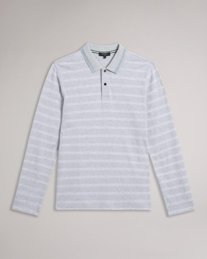 Koszulka Polo Męskie Ted Baker Long Sleeve Textured Stripe Szare Polska | PL-XVHJA9041