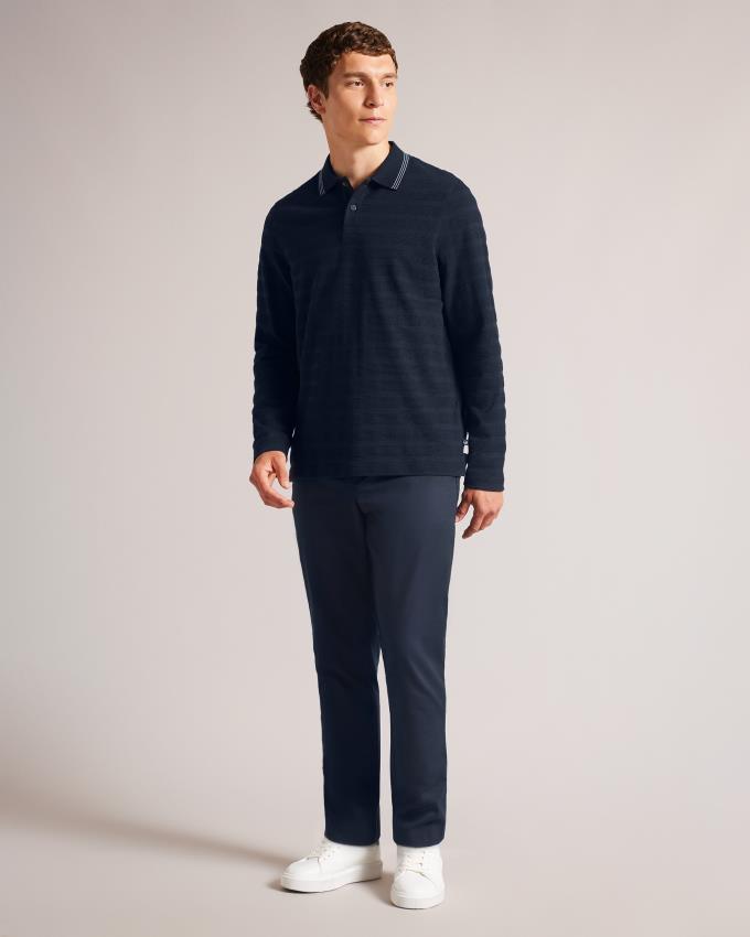Koszulka Polo Męskie Ted Baker Long Sleeve Textured Stripe Granatowe Polska | PL-QNYSD8015
