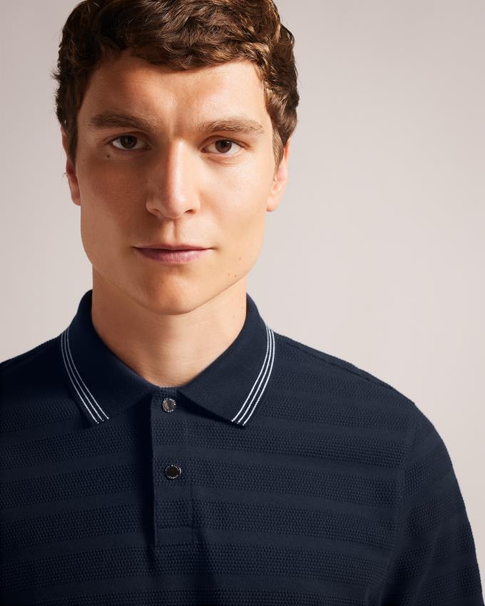 Koszulka Polo Męskie Ted Baker Long Sleeve Textured Stripe Granatowe Polska | PL-QNYSD8015
