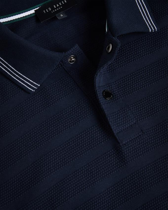 Koszulka Polo Męskie Ted Baker Long Sleeve Textured Stripe Granatowe Polska | PL-QNYSD8015