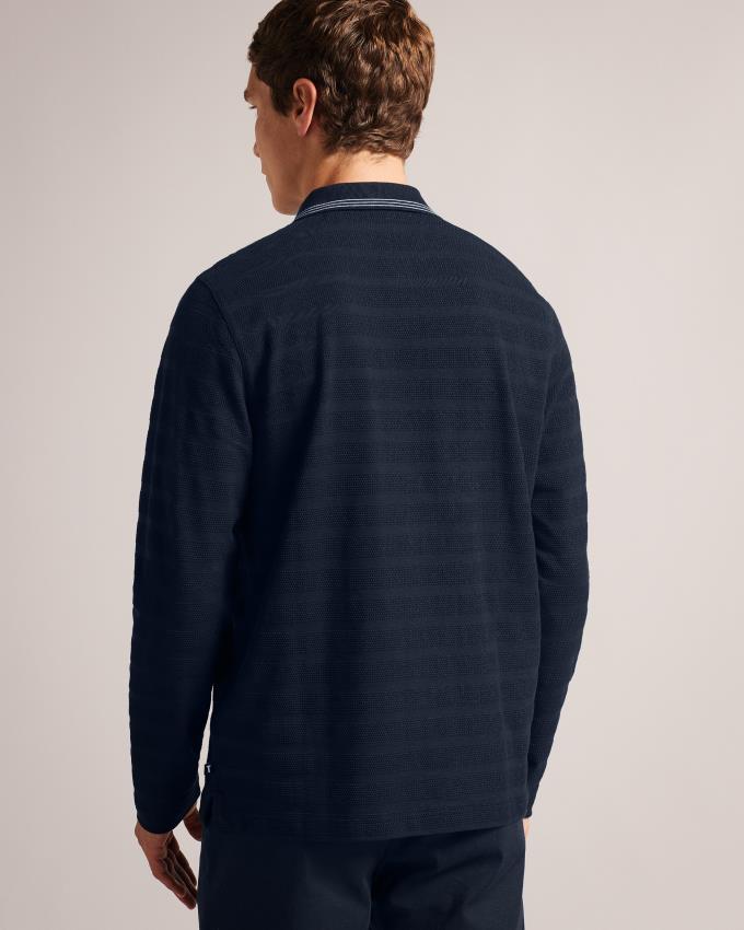 Koszulka Polo Męskie Ted Baker Long Sleeve Textured Stripe Granatowe Polska | PL-QNYSD8015