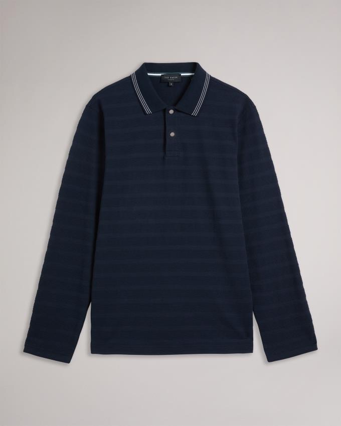 Koszulka Polo Męskie Ted Baker Long Sleeve Textured Stripe Granatowe Polska | PL-QNYSD8015