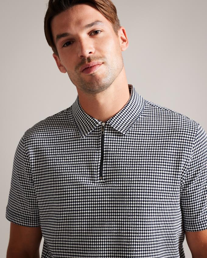 Koszulka Polo Męskie Ted Baker Short Sleeve Textured Zip Granatowe Polska | PL-YXIVF6450