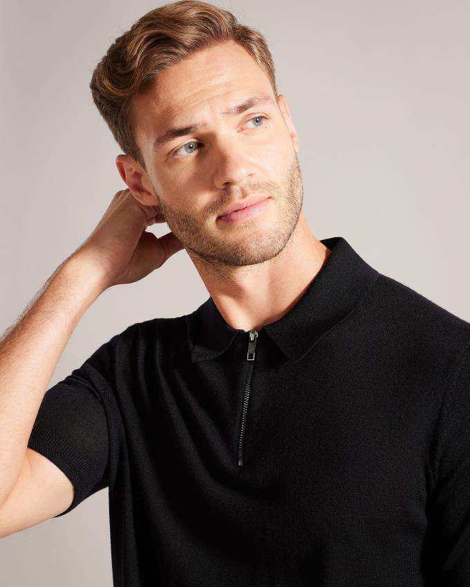 Koszulka Polo Męskie Ted Baker Short Sleeve Merino Wool Zip Granatowe Polska | PL-WLVNR3108