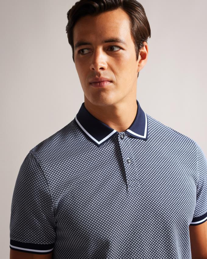 Koszulka Polo Męskie Ted Baker Short Sleeve Regular Geo Textured Granatowe Polska | PL-FZLHC6713