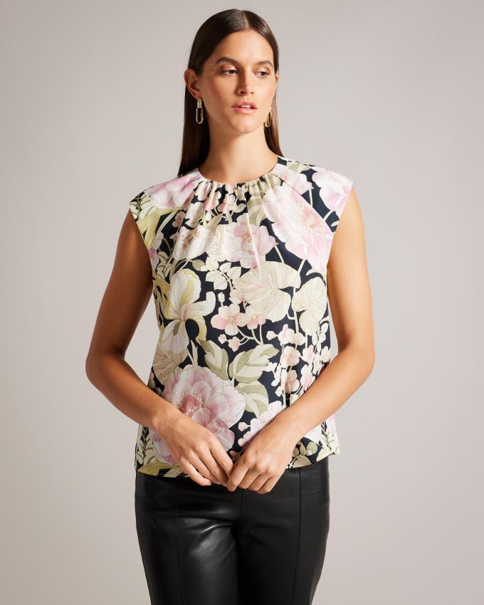 Najfatalniejszy Damskie Ted Baker Floral Boxy Fit With Gathered Neckline Czarne Polska | PL-GBECV2783