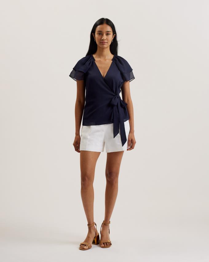 Najfatalniejszy Damskie Ted Baker Frill Sleeve Wrap Front Ciemny Niebieskie Polska | PL-RIYMA8417