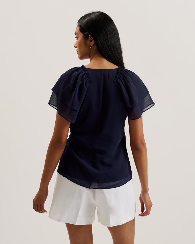 Najfatalniejszy Damskie Ted Baker Frill Sleeve Wrap Front Ciemny Niebieskie Polska | PL-RIYMA8417