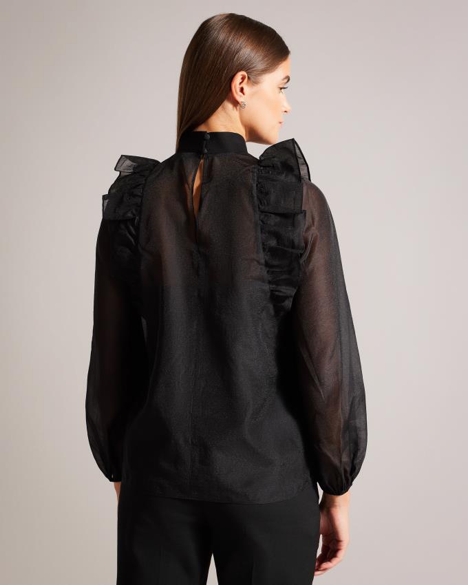 Najfatalniejszy Damskie Ted Baker Frilled Shoulder Organza Czarne Polska | PL-EBMLF8475