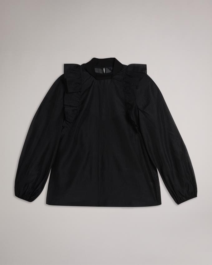 Najfatalniejszy Damskie Ted Baker Frilled Shoulder Organza Czarne Polska | PL-EBMLF8475