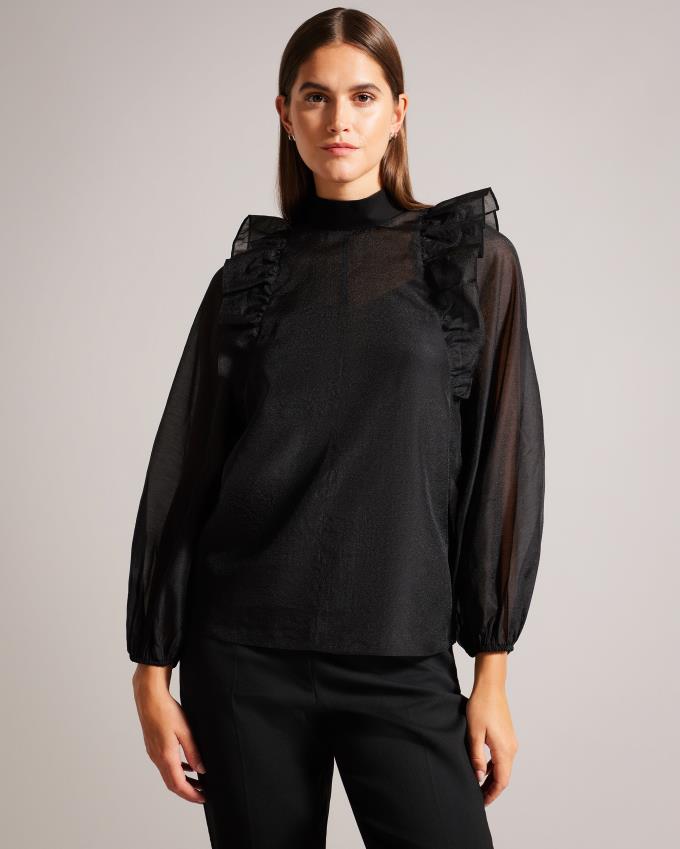 Najfatalniejszy Damskie Ted Baker Frilled Shoulder Organza Czarne Polska | PL-EBMLF8475