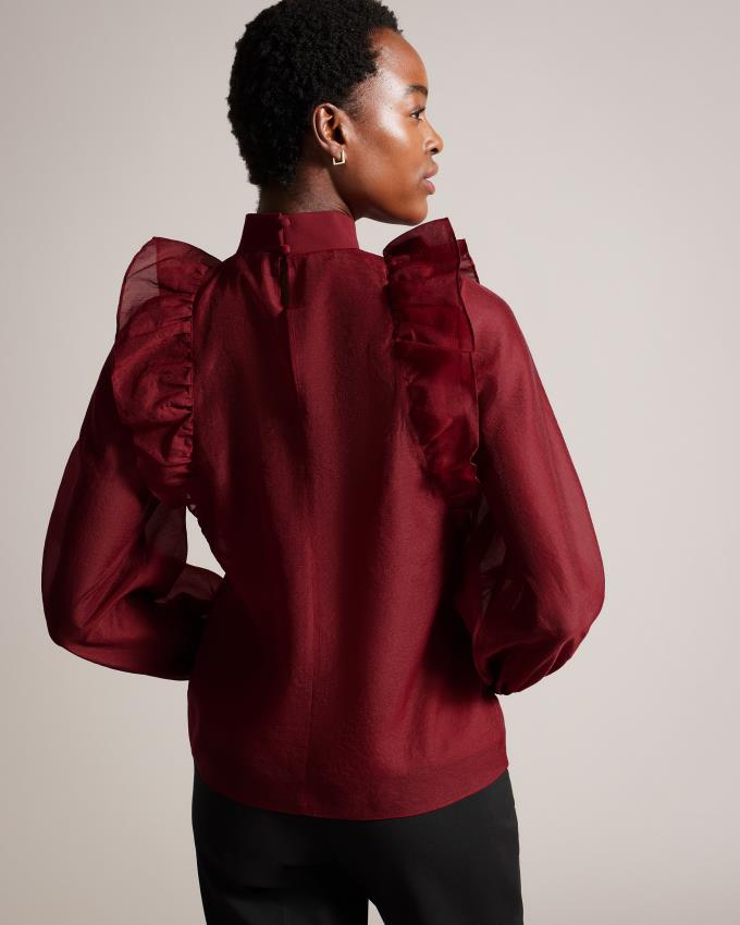 Najfatalniejszy Damskie Ted Baker Frilled Shoulder Organza Ciemny Czerwone Polska | PL-BLTCV3501