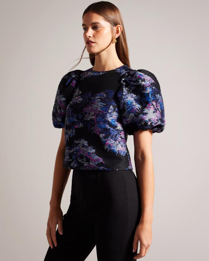Najfatalniejszy Damskie Ted Baker Jacquard With Puff Sleeves Czarne Polska | PL-BVWIR1340