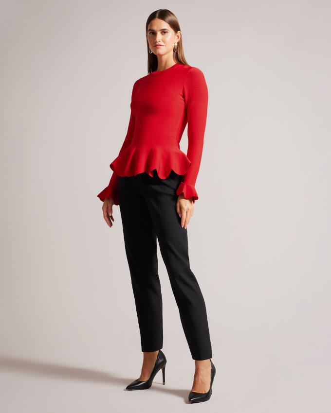 Najfatalniejszy Damskie Ted Baker Long Sleeve Scalloped Peplum Głęboka Czerwone Polska | PL-NLURF6294