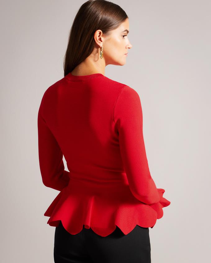 Najfatalniejszy Damskie Ted Baker Long Sleeve Scalloped Peplum Głęboka Czerwone Polska | PL-NLURF6294