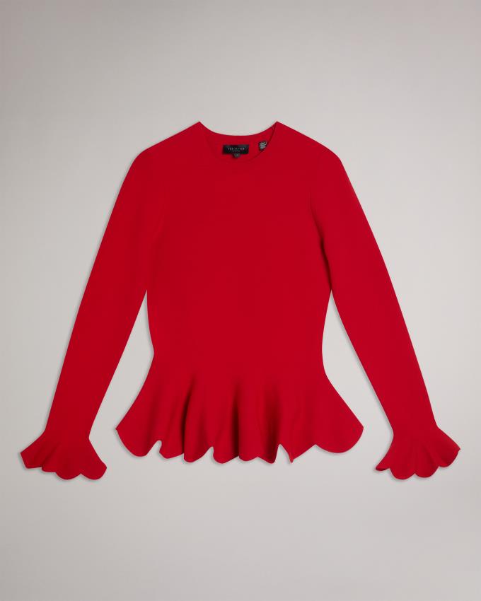 Najfatalniejszy Damskie Ted Baker Long Sleeve Scalloped Peplum Głęboka Czerwone Polska | PL-NLURF6294