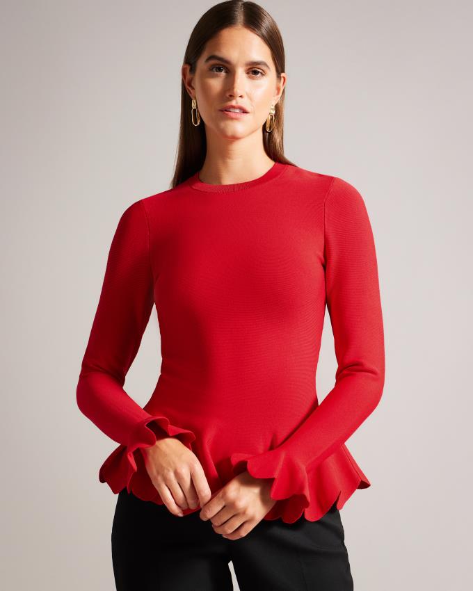 Najfatalniejszy Damskie Ted Baker Long Sleeve Scalloped Peplum Głęboka Czerwone Polska | PL-NLURF6294