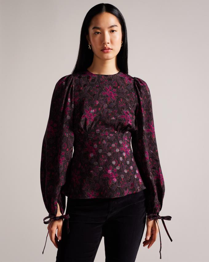 Najfatalniejszy Damskie Ted Baker Printed Peplum With Cuffed Sleeves Czarne Polska | PL-TCHBA9712