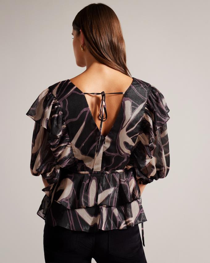 Najfatalniejszy Damskie Ted Baker Ruffle V-Neck With Tie Waist Czarne Polska | PL-AZRBS3197