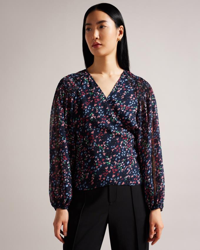 Najfatalniejszy Damskie Ted Baker Smocked Wrap With Blouson Sleeve Granatowe Polska | PL-MQYNT9506