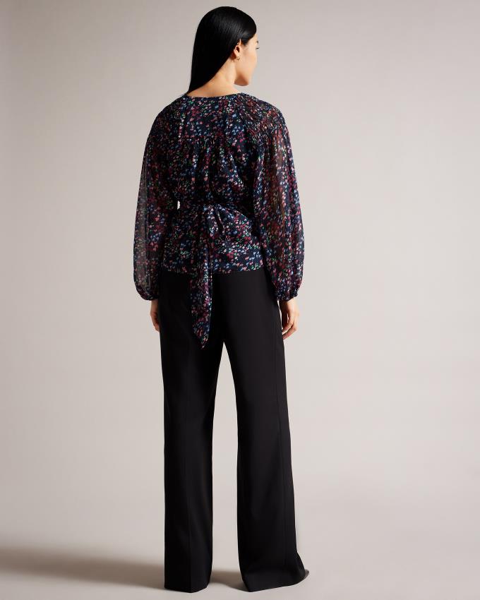 Najfatalniejszy Damskie Ted Baker Smocked Wrap With Blouson Sleeve Granatowe Polska | PL-MQYNT9506