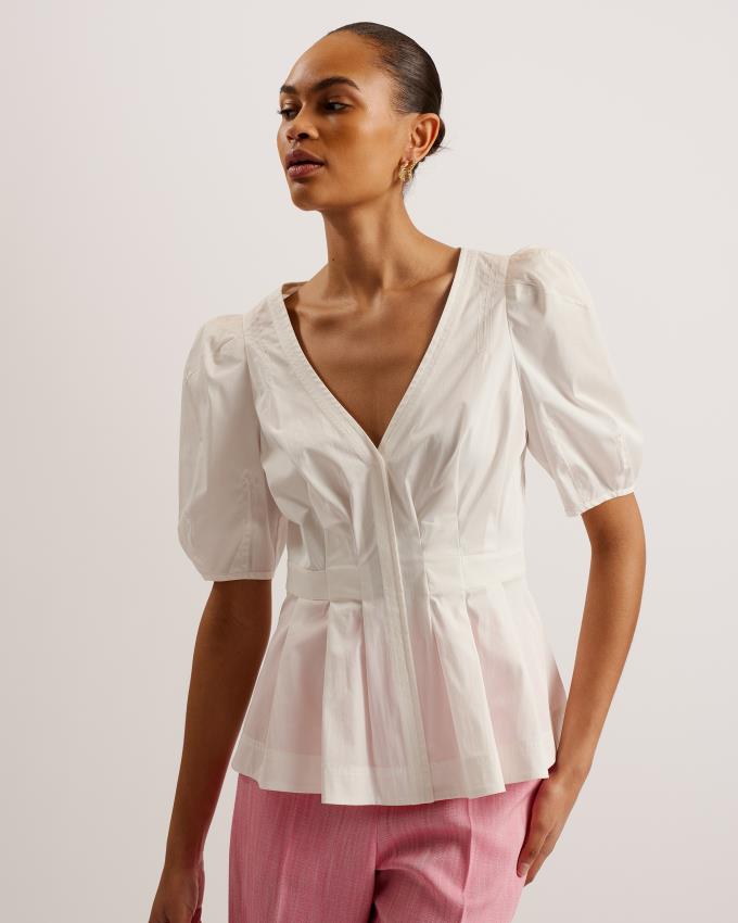 Najfatalniejszy Damskie Ted Baker Stitch Detail Balloon Sleeve Peplum Białe Polska | PL-WXBUO3982