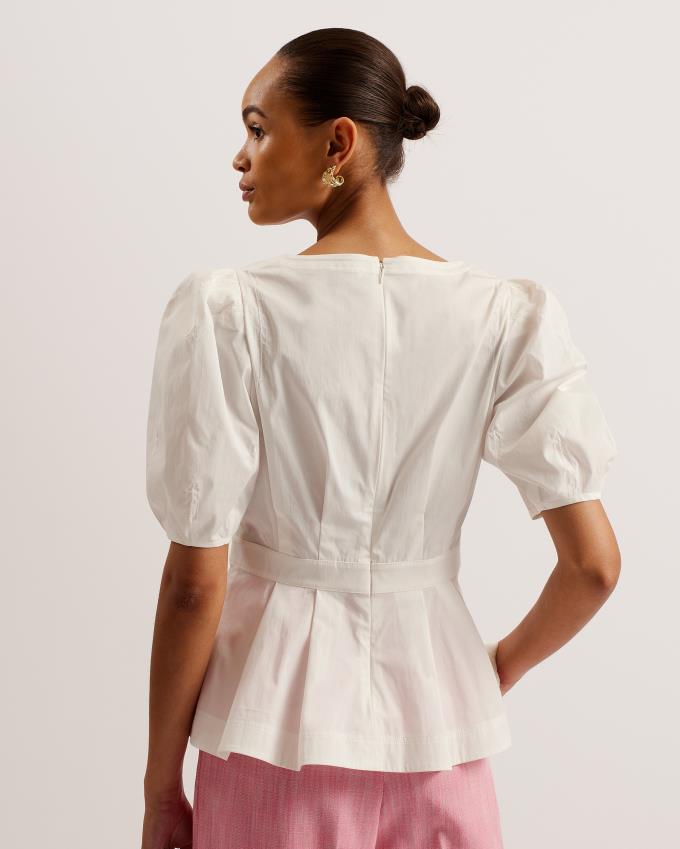 Najfatalniejszy Damskie Ted Baker Stitch Detail Balloon Sleeve Peplum Białe Polska | PL-WXBUO3982