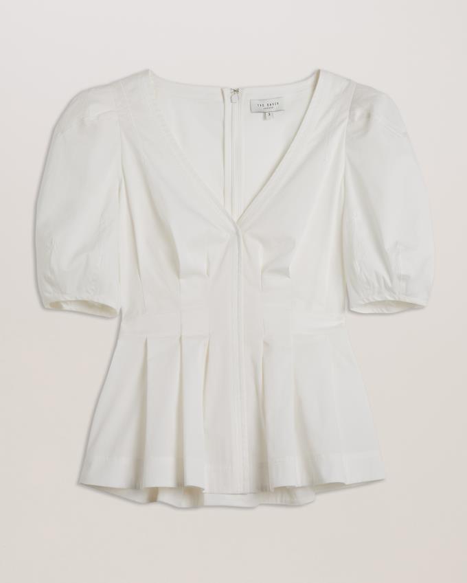 Najfatalniejszy Damskie Ted Baker Stitch Detail Balloon Sleeve Peplum Białe Polska | PL-WXBUO3982